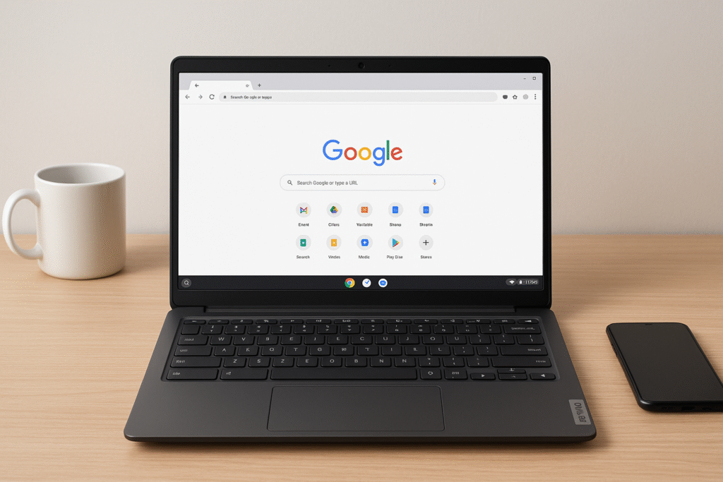 Lenovo Chromebook IdeaPad Slim 3 open on a desk showing ChromeOS homepage.