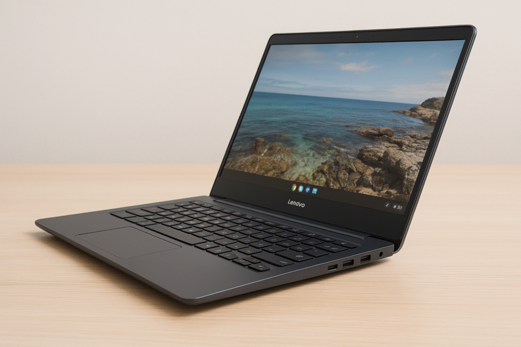  Side view of Lenovo Chromebook IdeaPad Slim 3 showing slim design and ports